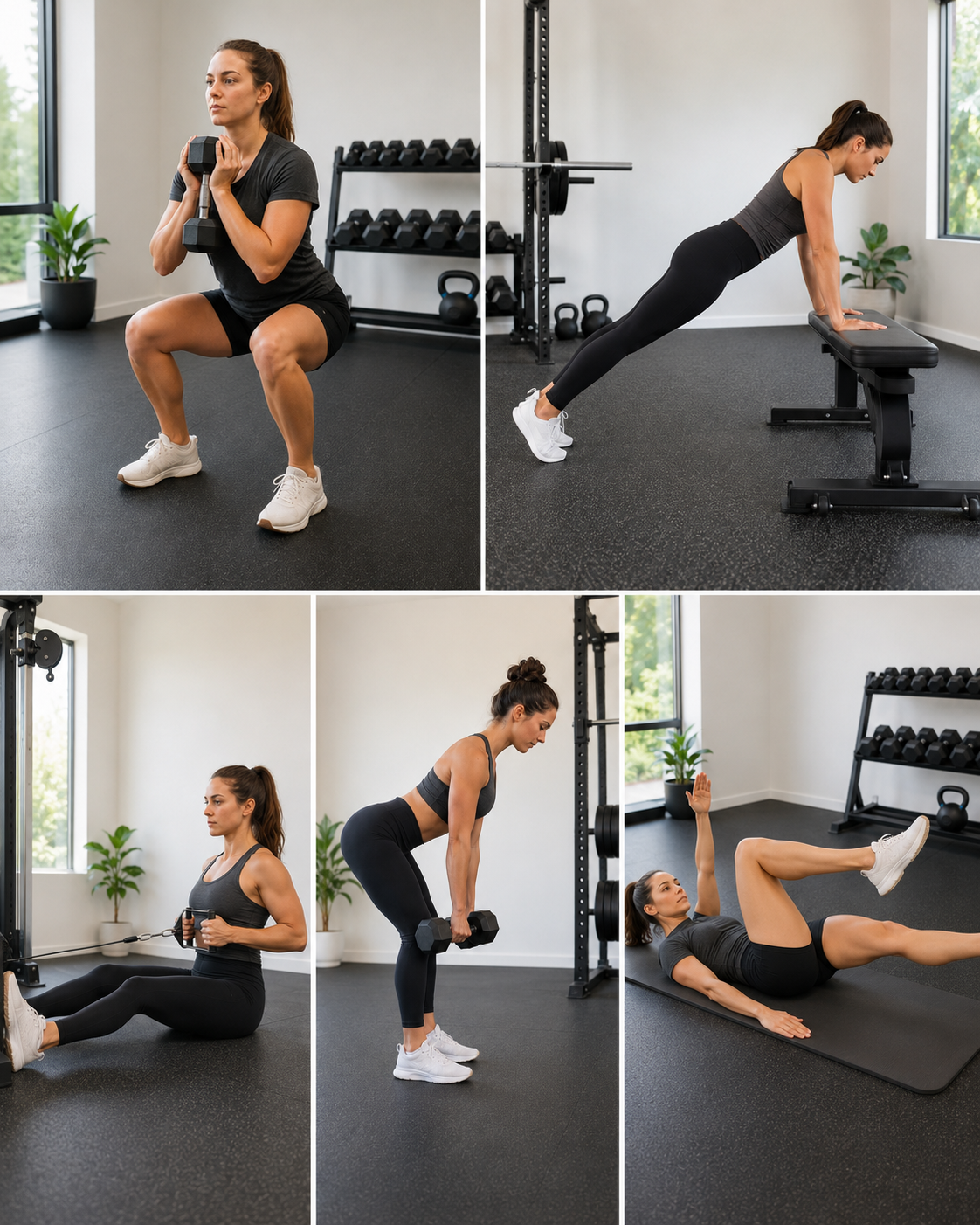 Beginner exercise grid showing goblet squat, incline push-up, row, dumbbell Romanian deadlift and dead bug variations.