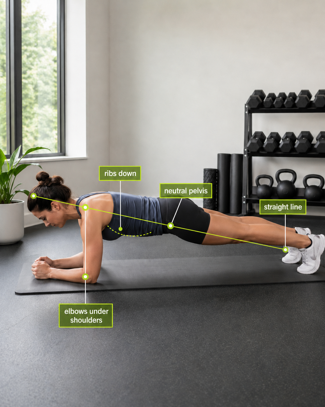 Annotated photo of a front plank showing straight body line, elbows under shoulders, ribs down and neutral pelvis.