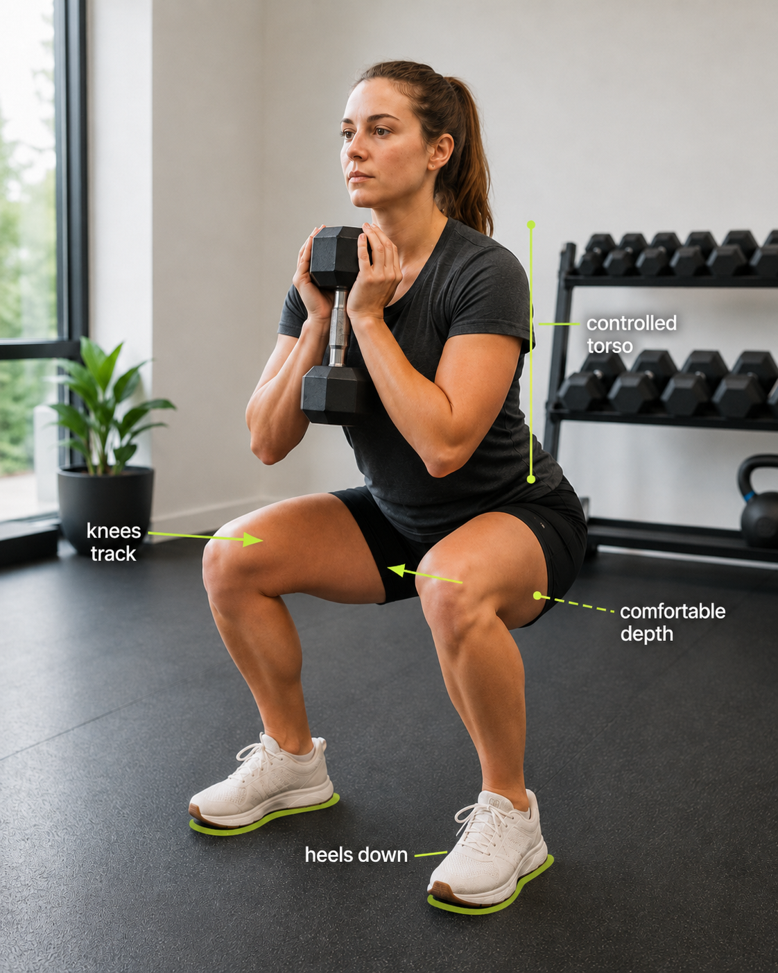 Annotated photo of a goblet squat showing knees tracking, heels down, controlled torso and comfortable depth.