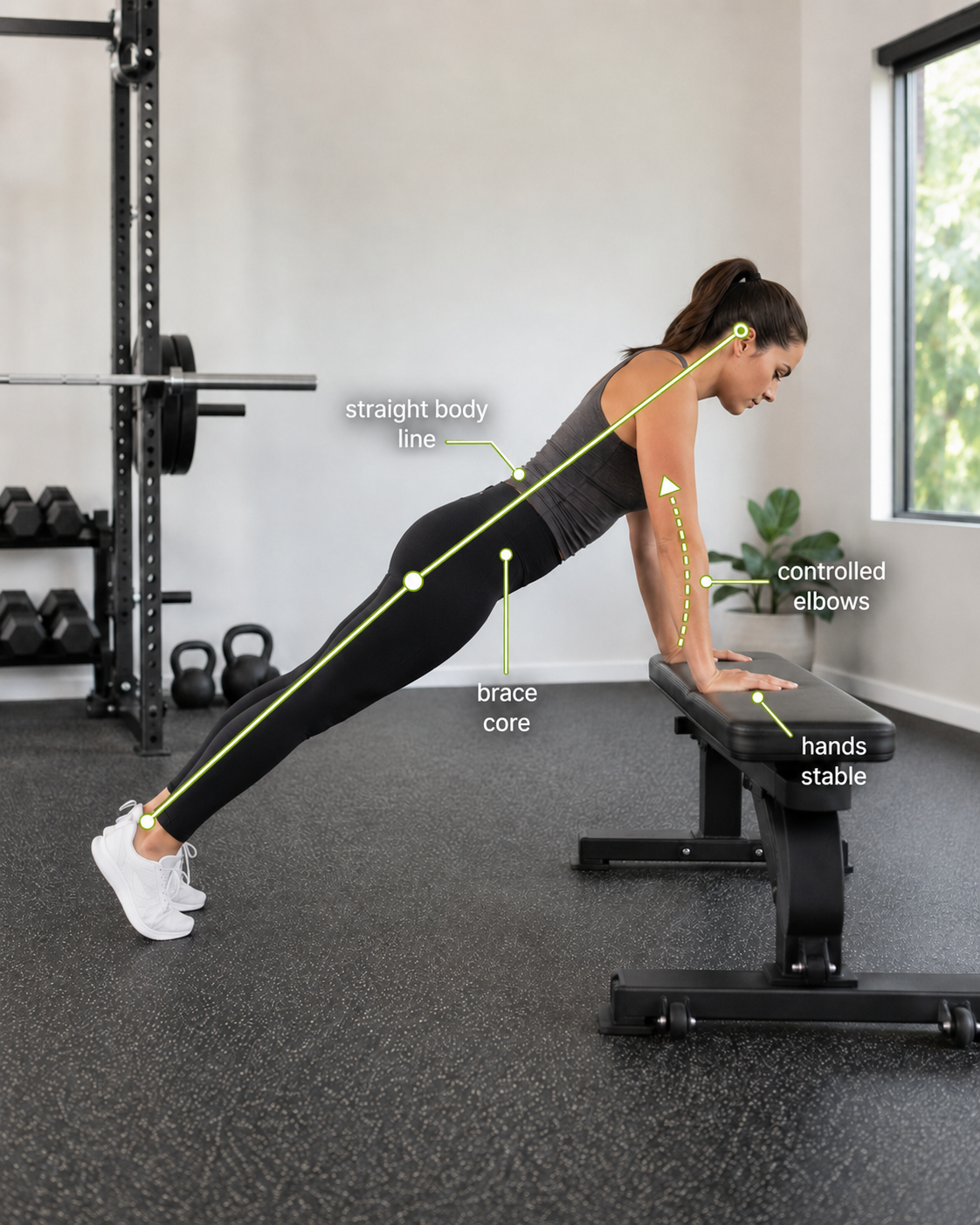 Annotated photo of an incline push-up showing straight body line, stable hands, controlled elbows and braced core.