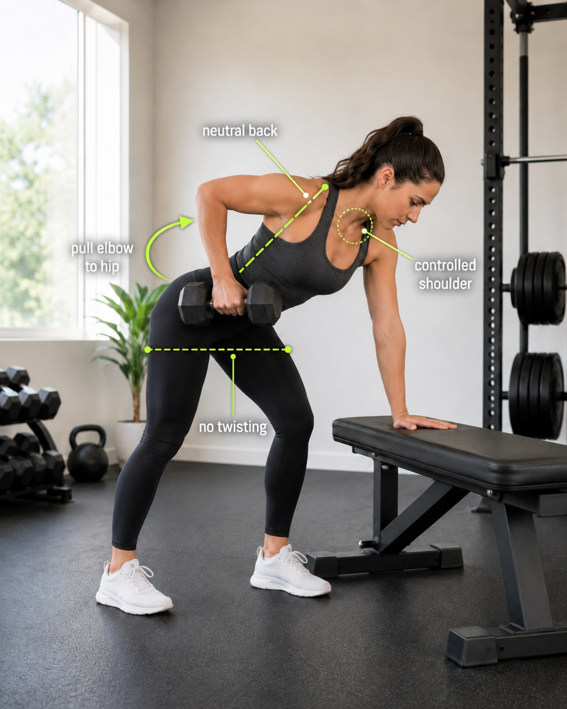 Annotated photo of a supported one-arm dumbbell row showing neutral back, no twisting and elbow pulling toward the hip.