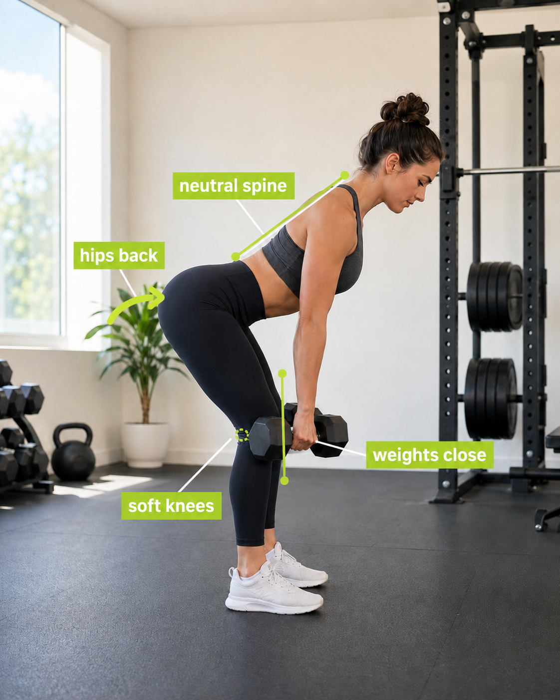 Annotated photo of a dumbbell Romanian deadlift showing hips back, neutral spine, soft knees and weights close to the body.